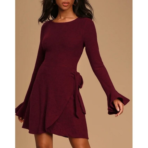 NWOT Lulus Favorite Tune Burgundy Faux Wrap Sweater Dress Size M - Picture 2 of 11